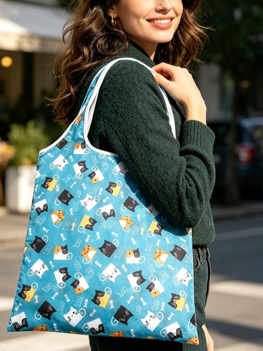 Reusable Cat-Print Tote Bag in Teal Blue - Lightweight Pet Lover Shopper